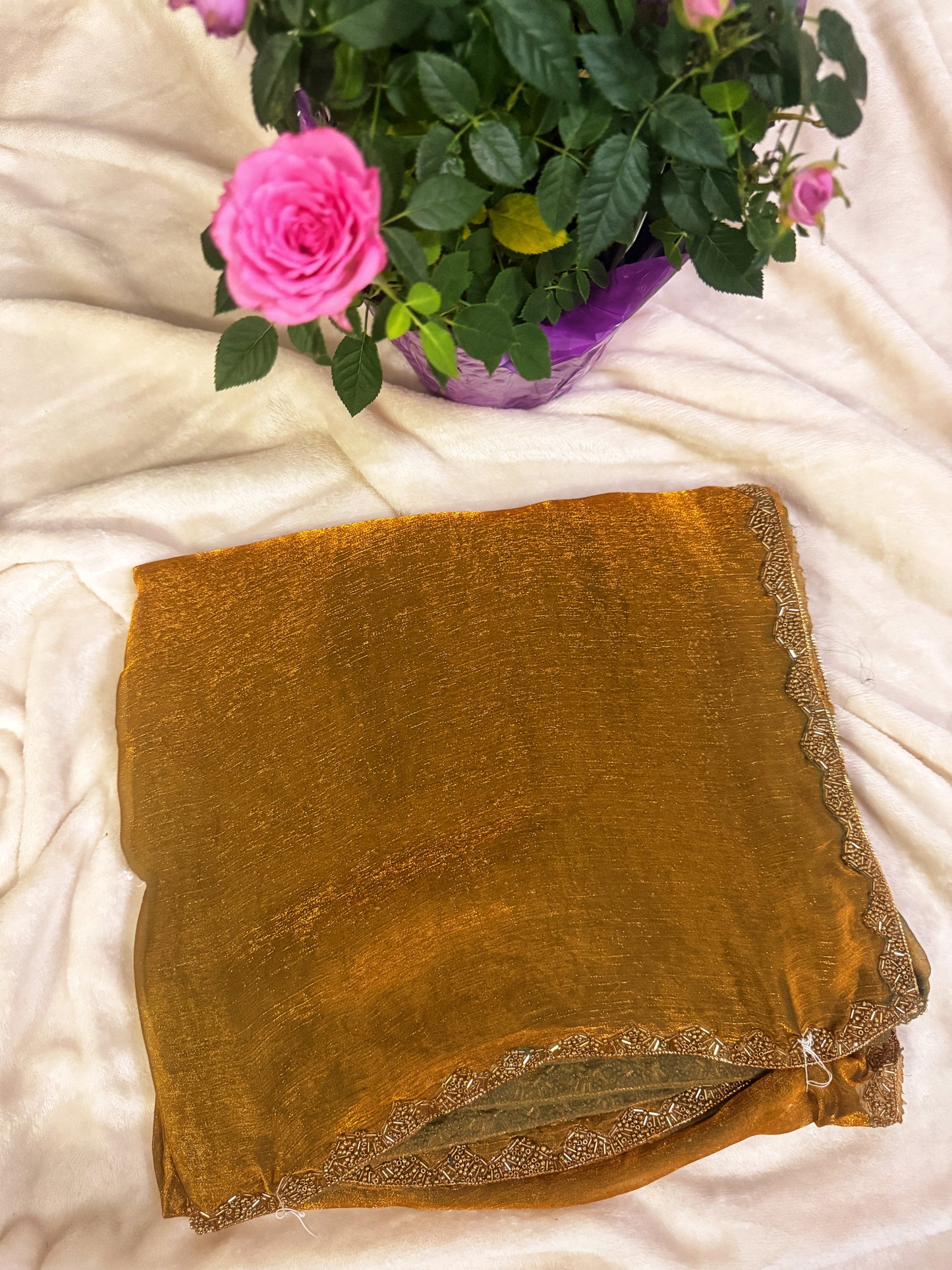 Antique gold fendy chiffon party wear saree