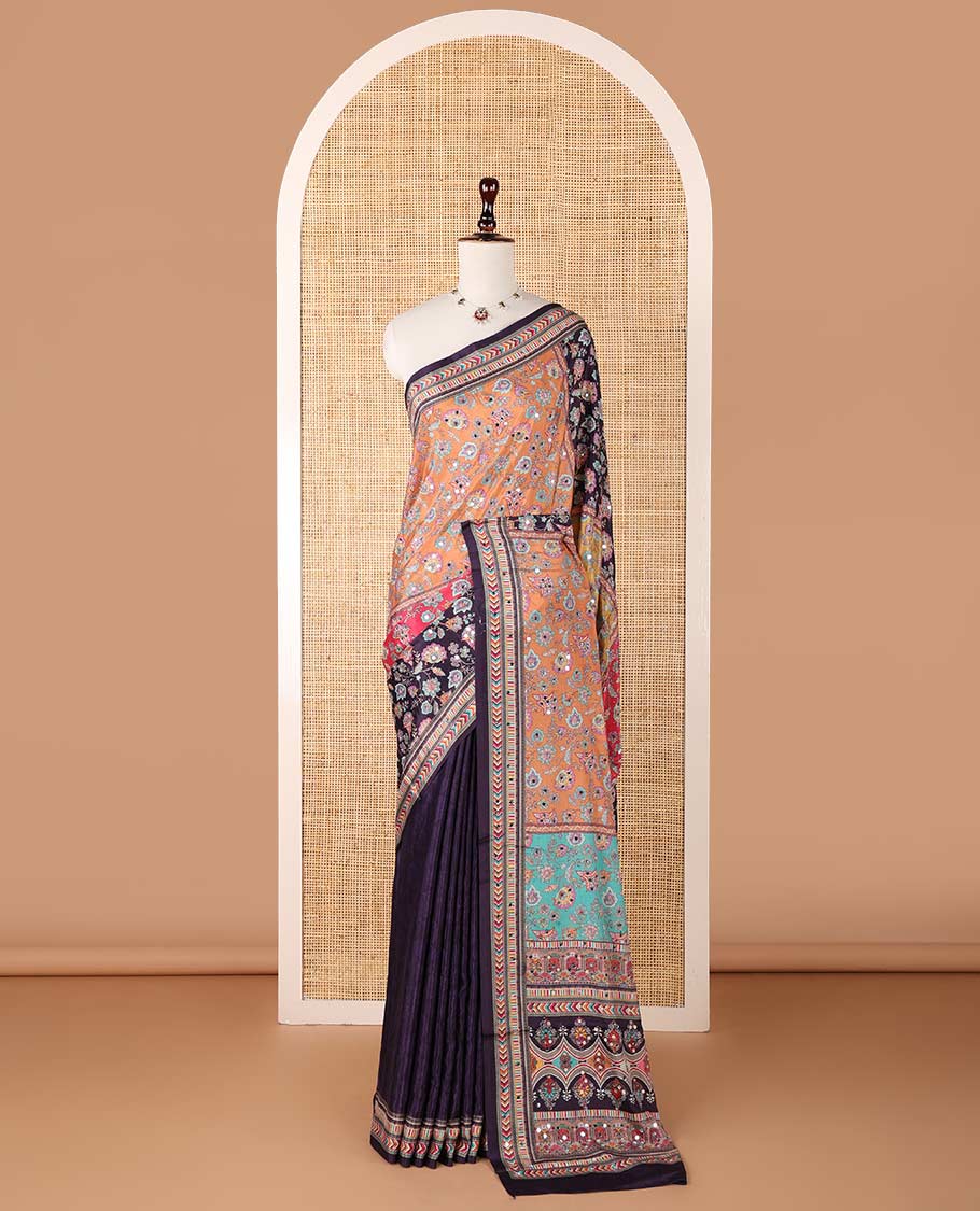 Mirror work semi chinnon silk saree