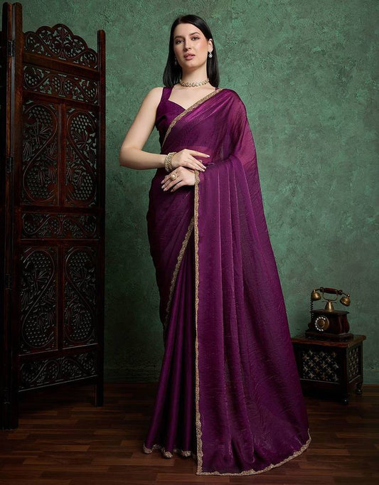 Deep purple fendy chiffon saree